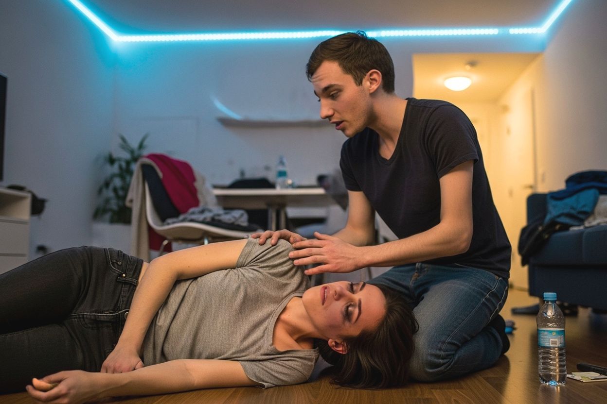 Девушка лежит на полу радом с взволнованным парнем